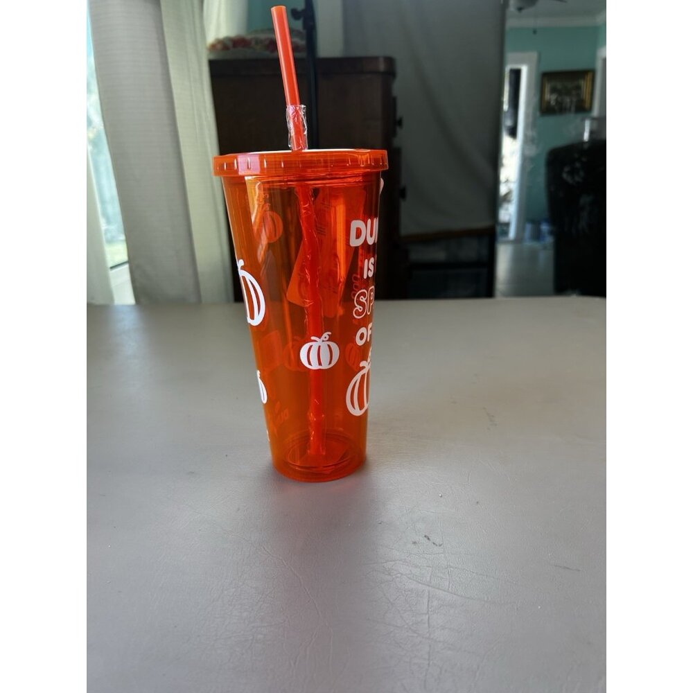 Dunkin Donuts Glow In The Dark Tumbler Cup Straw 24oz Orange Pumpkin Spice NWT - Picture 4 of 12